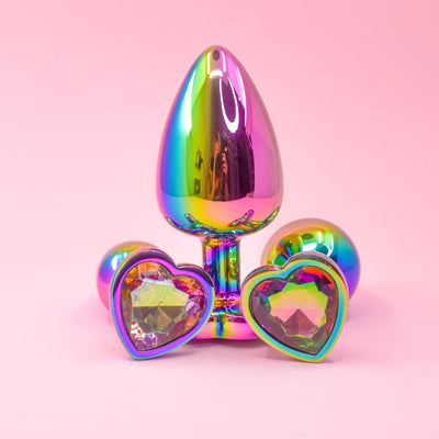Rainbow Heart Butt Plugs - Set Of 3 Stainless steel - Wands of Lust Co